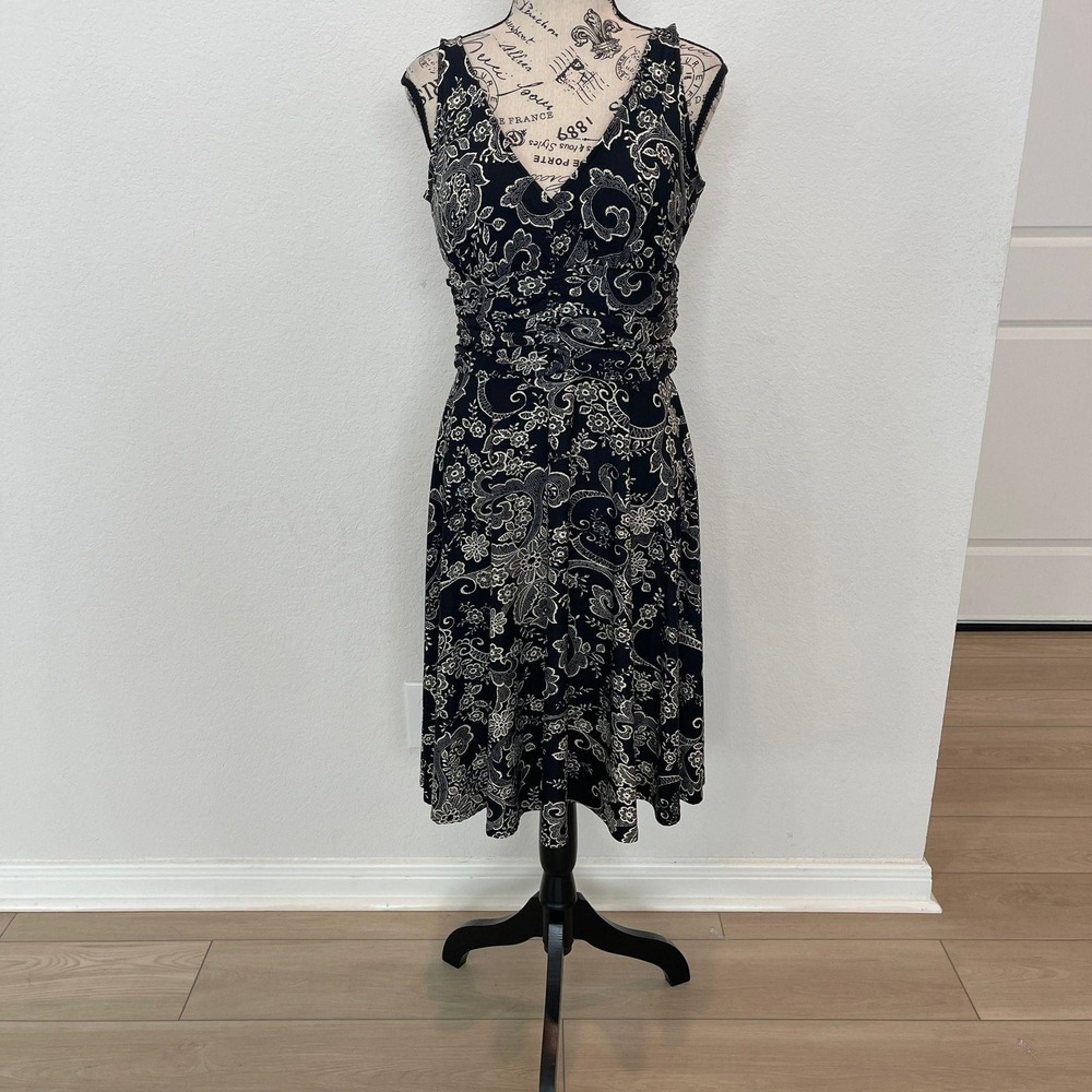 R&K Originals Petite Black White Floral Print Sleeveless V Neck‎ Midi Dress 12P